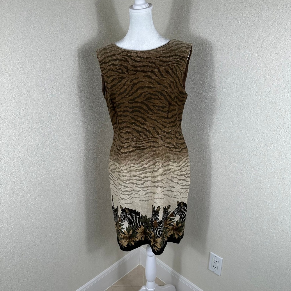 Stonebridge VTG Sheath Dress Womens 8P Brown Zebra Safari Linen Blend Artsy 90s